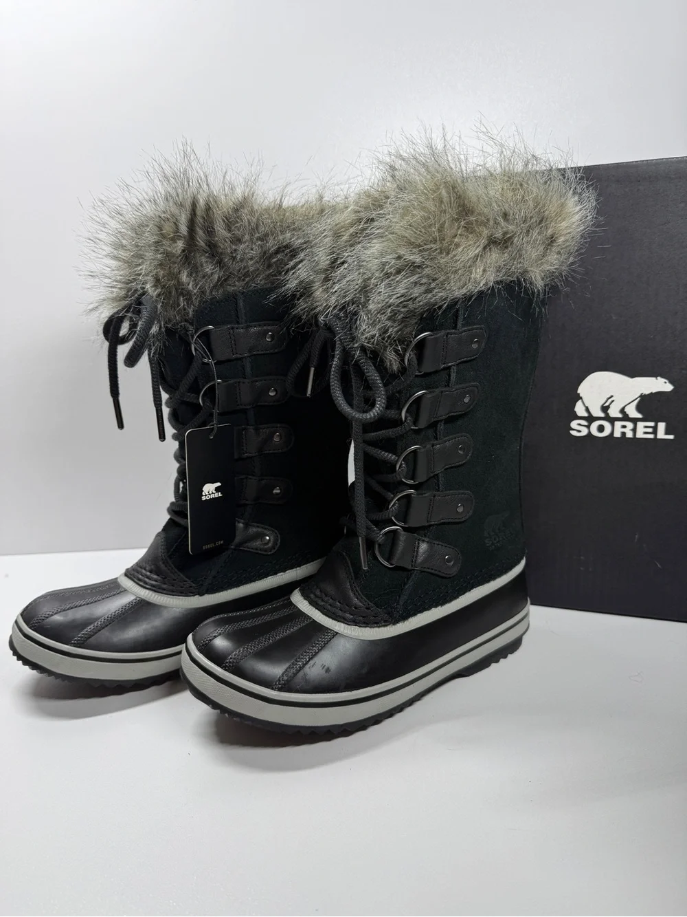 Sorel Joan of Arctic Black Suede Leather Faux Fur Collar Tall Winter Boots Size7